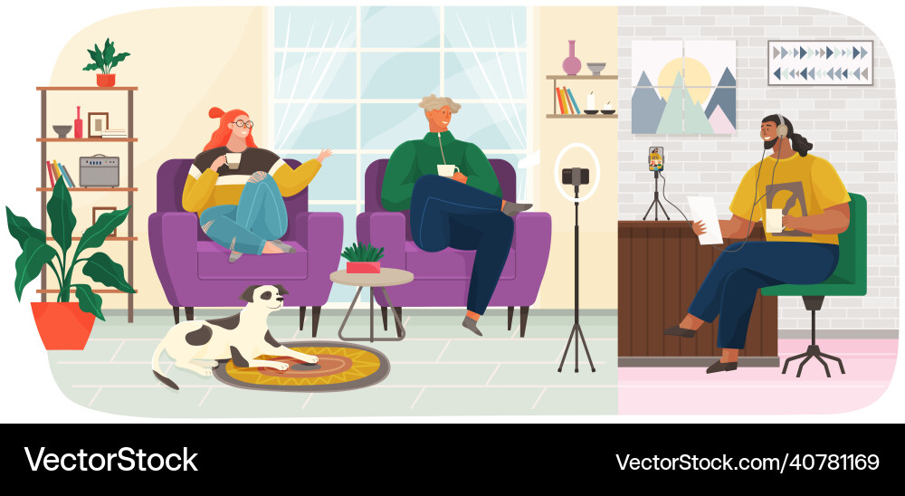 Man with paper interviewing people in studio Vector Image