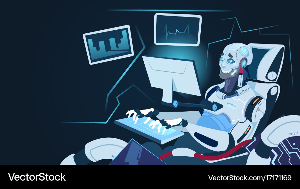 Modern robot working on computer futuristic Vector Image