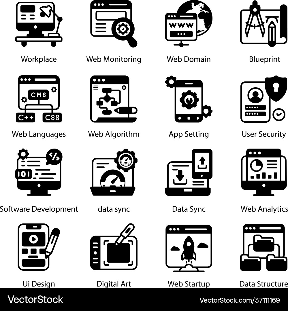 Web and app development in solid icons style vector image
