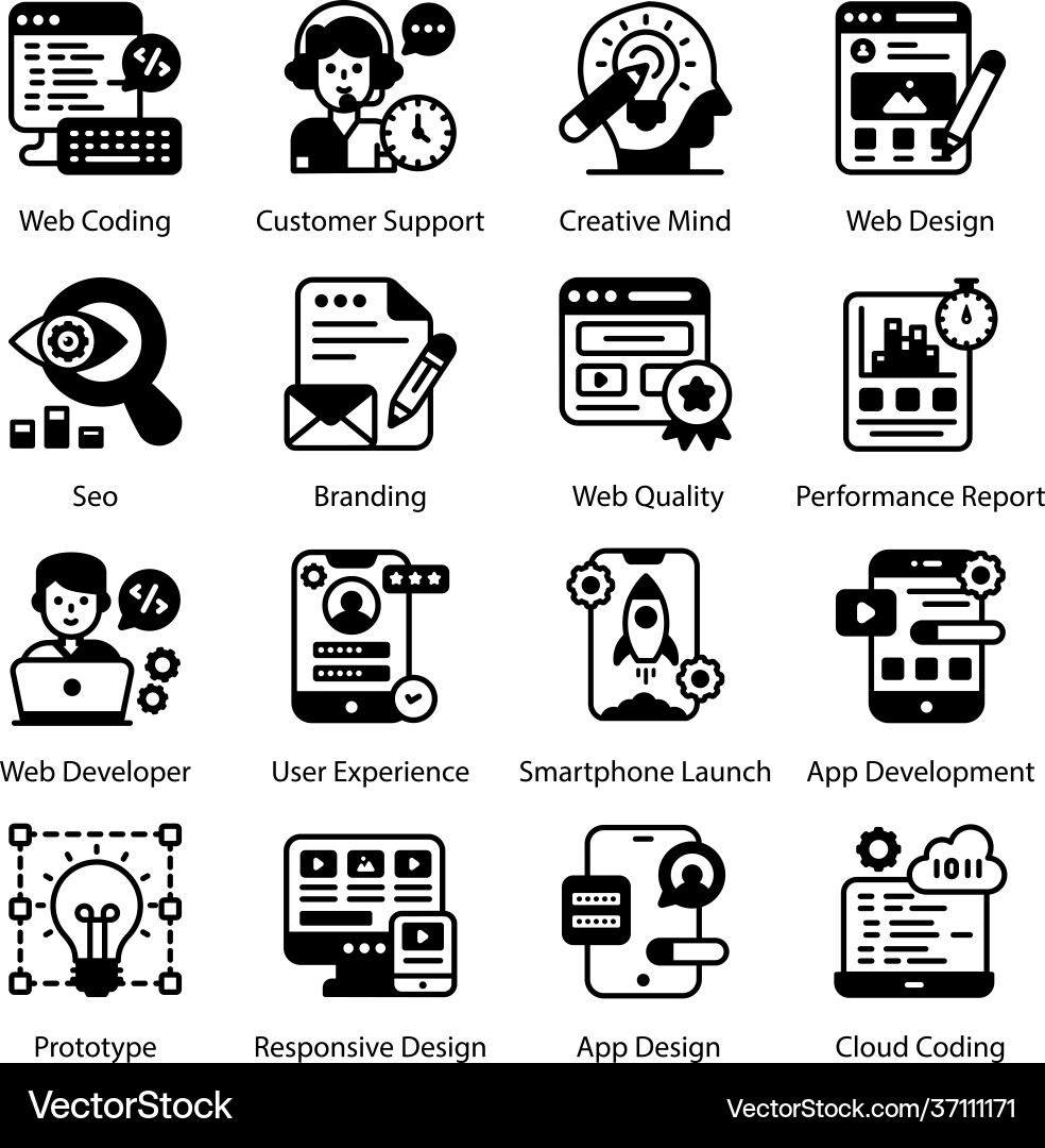 Web and mobile apps in solid icons style vector image