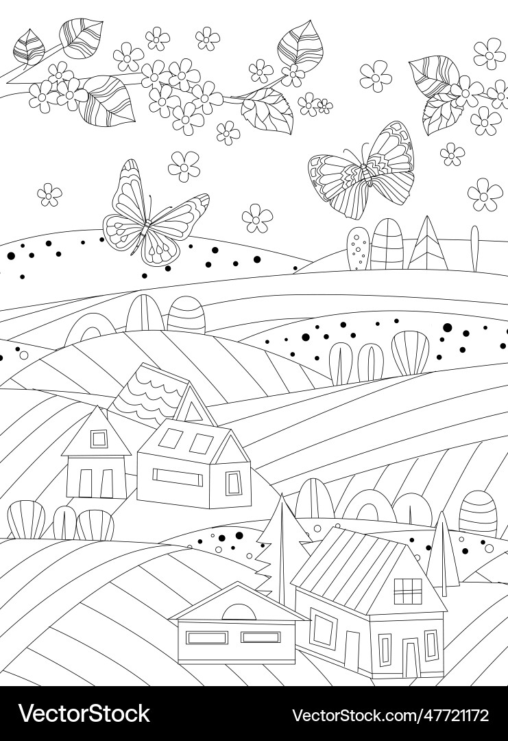 Frühling ländliche Landschaft mit Feldern kleine Häuser Frühling ländliche Landschaft mit Feldern kleine Häuser vektorbild
