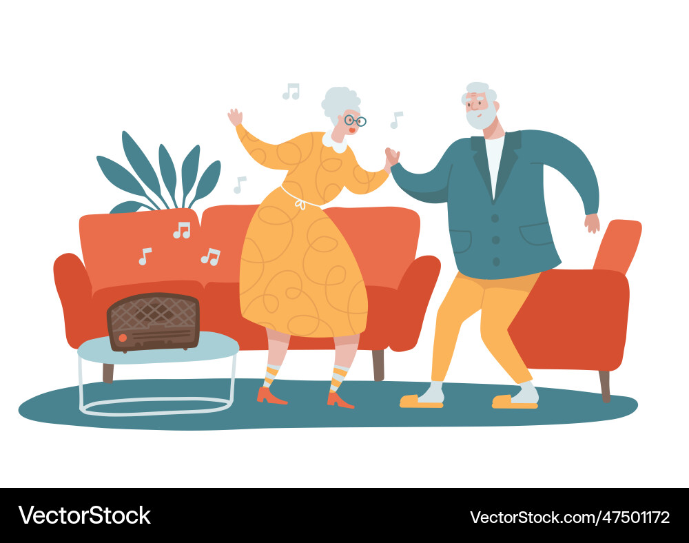 Funny senior couple dancing together at home Funny senior couple dancing together at home vector image