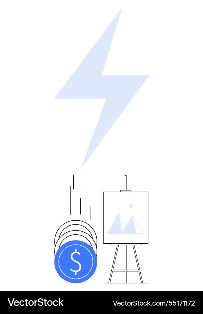 Lightning bolt with coins and canvas symbolizing Vector Image