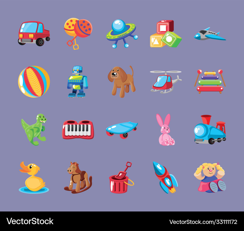 Set Icons Kinderspielzeug auf lila Hintergrund Set Icons Kinderspielzeug auf lila Hintergrund vektorbild