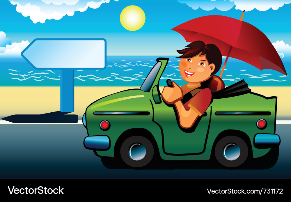 Young man going to the beach by cabriolet Vector Image