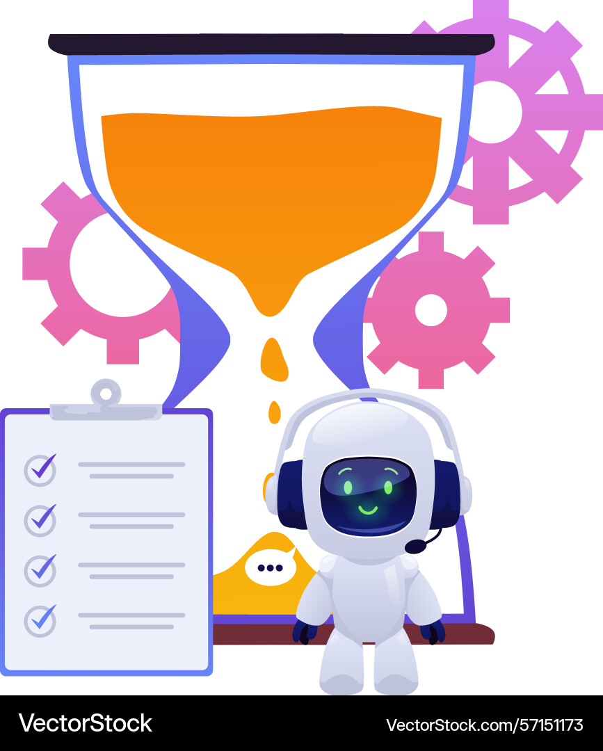 Chatbot standing in front of hourglass and gears Chatbot standing in front of hourglass and gears Vector Image