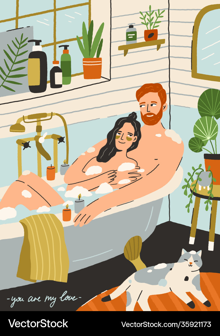 Couple in love taking bath together happy young Couple in love taking bath together happy young Vector Image