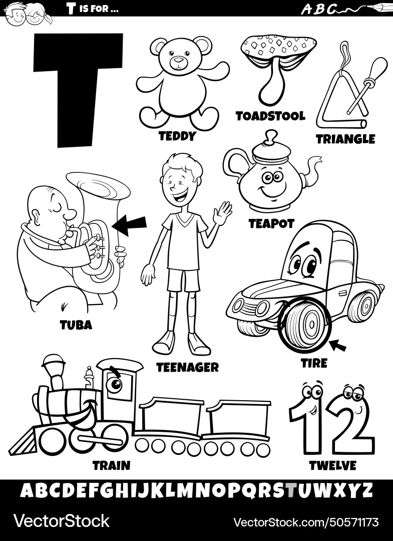 Letter t set with cartoon objects and characters Vector Image