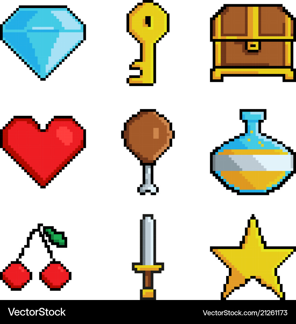 Pixel graphic game objects 8 bit style pictures Pixel graphic game objects 8 bit style pictures vector image