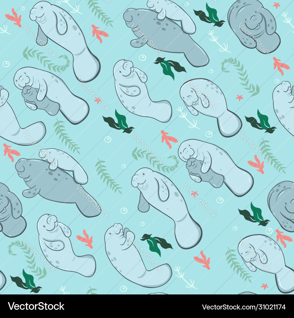 Manatee & Algae Seamless Pattern vector image