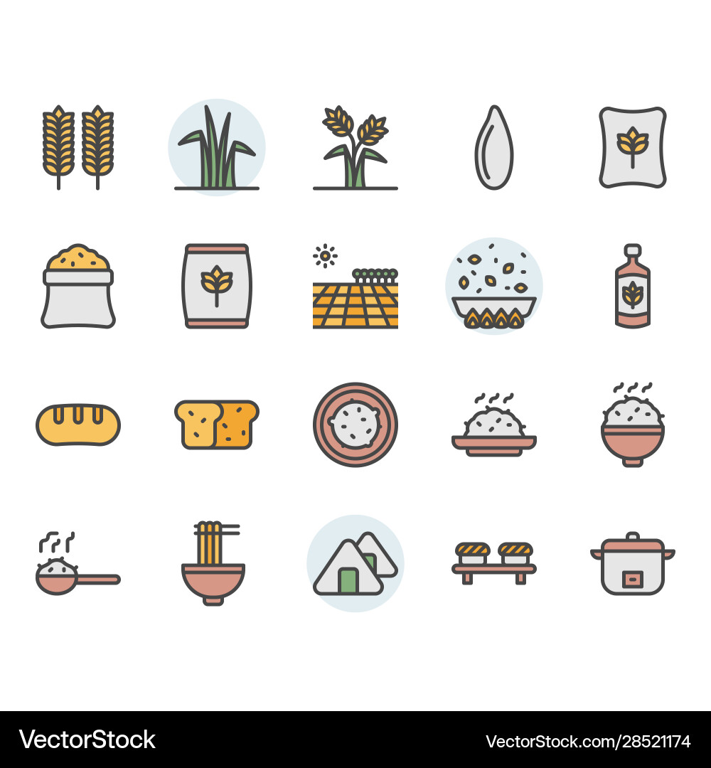 Rice icon and symbol set in color outline design Rice icon and symbol set in color outline design Vector Image