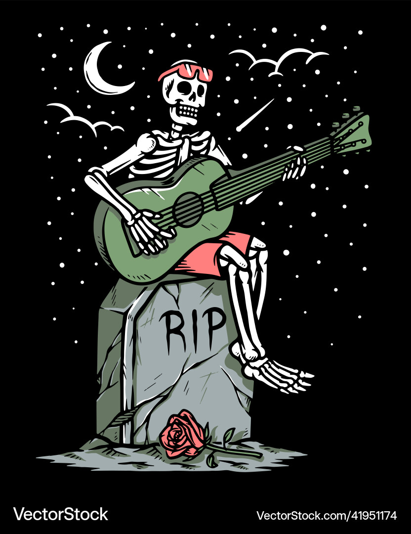 Skeleton playing guitar in grave Vector Image