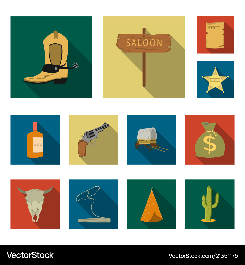 Attributes of the wild west flat icons in set Attributes of the wild west flat icons in set Vector Image