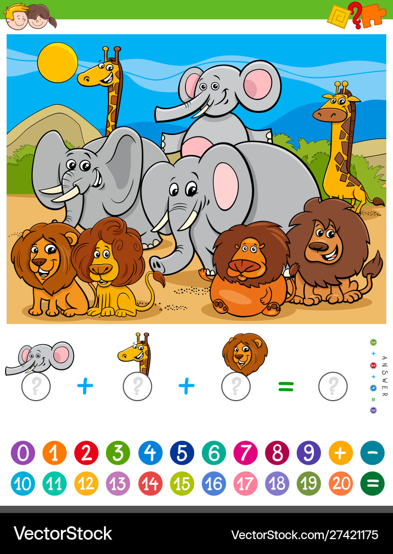 Counting and adding task with cartoon animals Counting and adding task with cartoon animals vector image