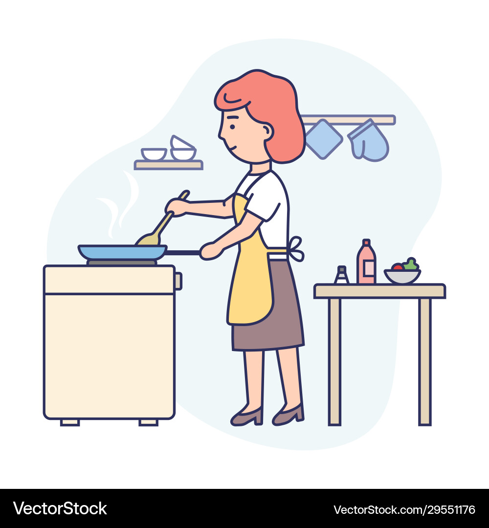 Cooking concept kitchen interior happy woman Cooking concept kitchen interior happy woman vector image