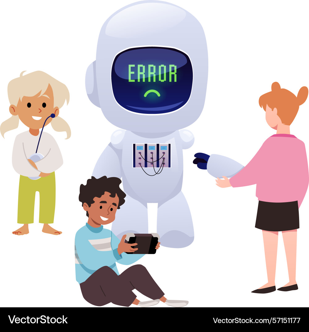 Children interacting with robot showing error Vector Image