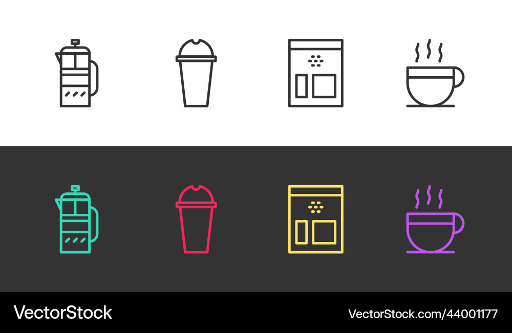 Set line french press milkshake bag of coffee Set line french press milkshake bag of coffee vector image