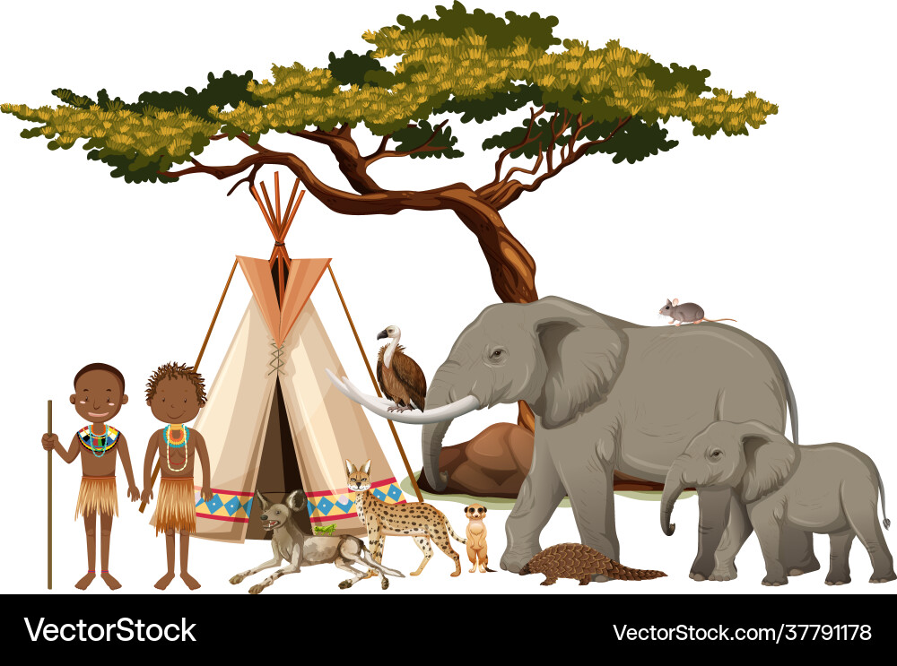 African tribe with group wild animal African tribe with group wild animal vector image