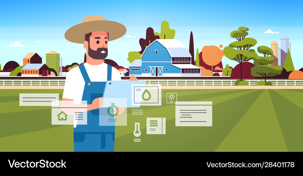 Man farmer with tablet monitoring condition Man farmer with tablet monitoring condition vector image