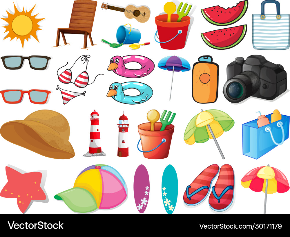 Large set different summer objects on white Large set different summer objects on white Vector Image