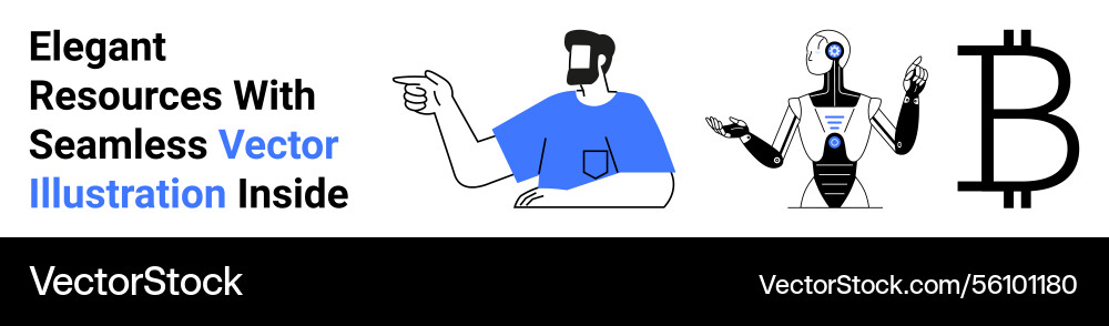 Human pointing robot gesturing and bitcoin logo Human pointing robot gesturing and bitcoin logo vector image