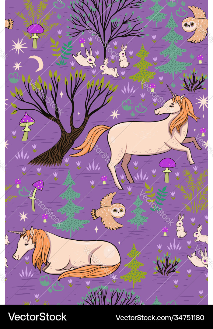 Magic forest seamless pattern with unicorns Magic forest seamless pattern with unicorns vector image