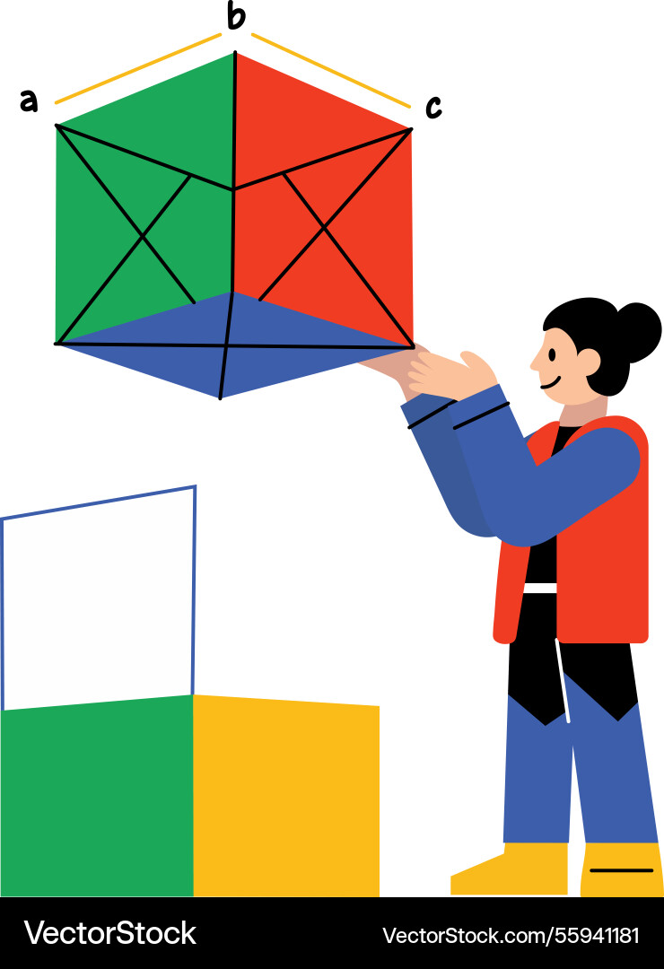 Character analysing a 3d model of cube flat illus vector image
