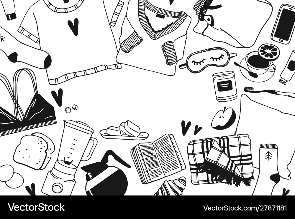 Hand drawn objects about sleep routines in frame Hand drawn objects about sleep routines in frame vector image