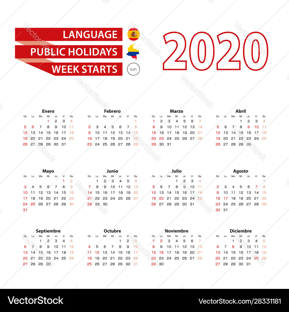 Kalender 2020 in spanischer Sprache mit Öffentlichkeit Kalender 2020 in spanischer Sprache mit Öffentlichkeit vektorbild