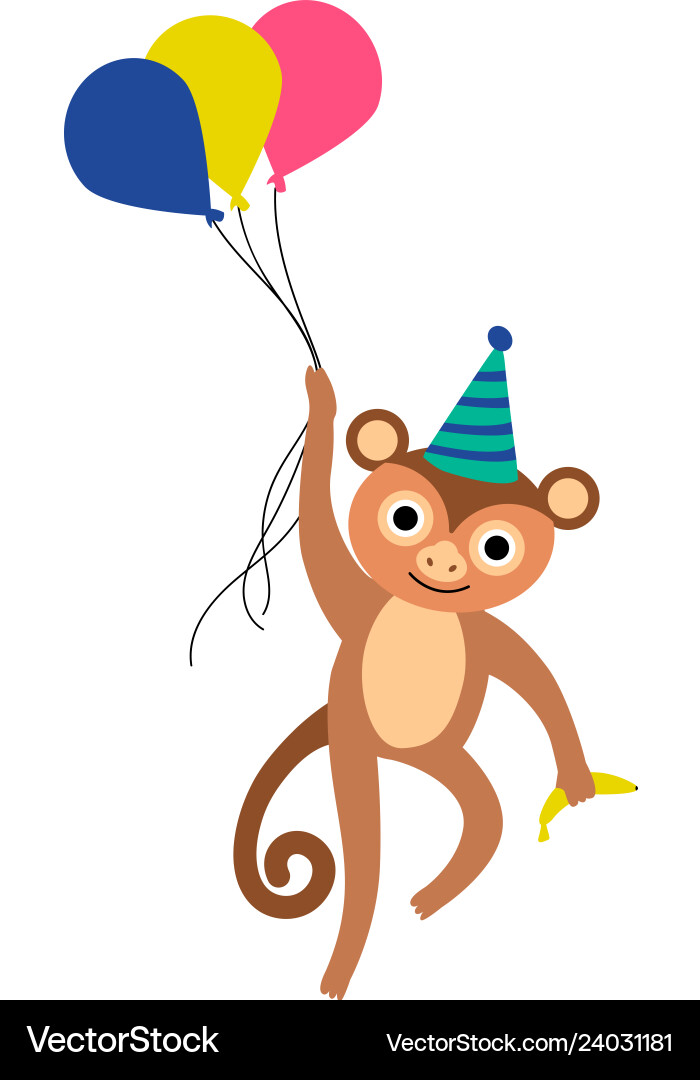 Monkey wearing party hat flying with balloons Monkey wearing party hat flying with balloons vector image