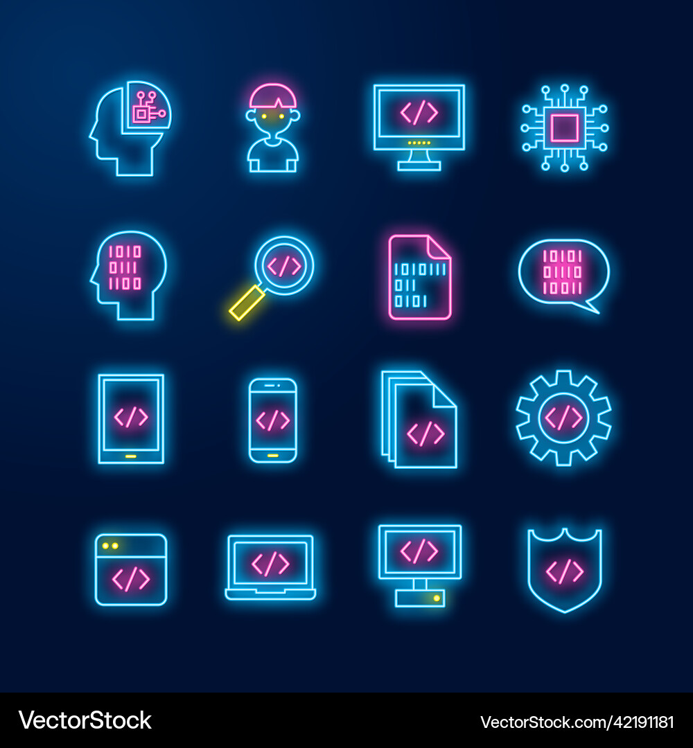 Neon AI Coding Icons - Leichtes Thema vektorbild