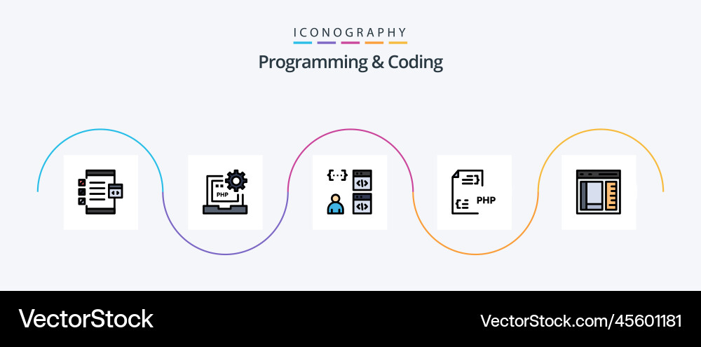 Programmierung und Kodierung Linie gefüllt flach 5 Icon vektorbild