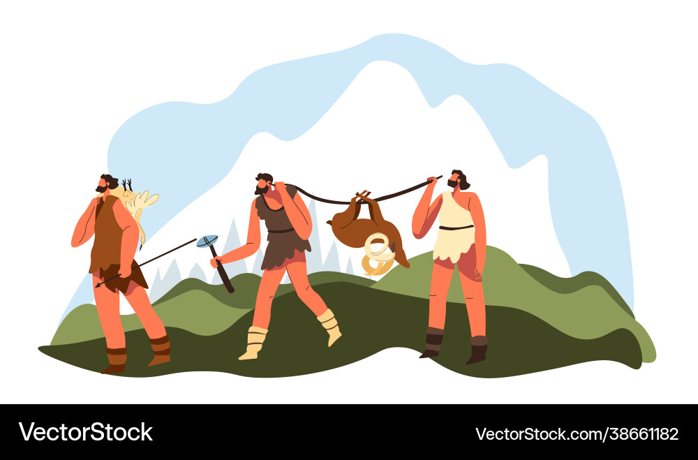 Hunting people stone age walking with animals vector image