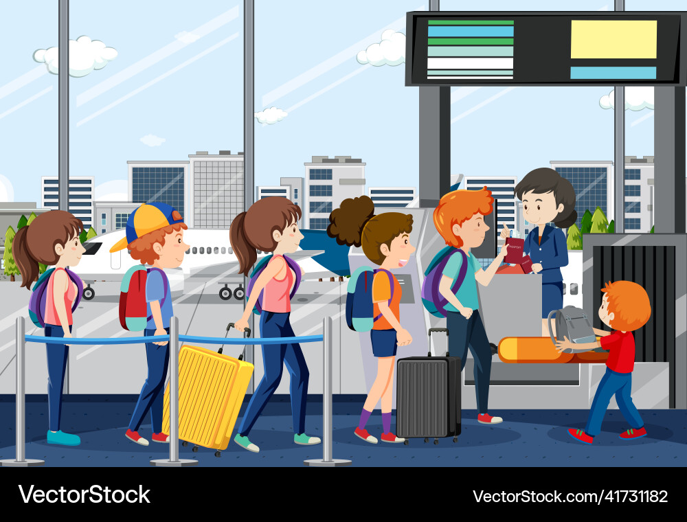 Passengers in queue waiting at check-in counter Passengers in queue waiting at check-in counter vector image