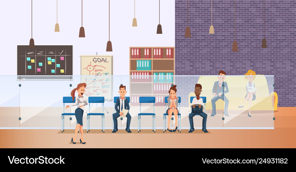 Pensive employee sit in queue for job interview Pensive employee sit in queue for job interview vector image