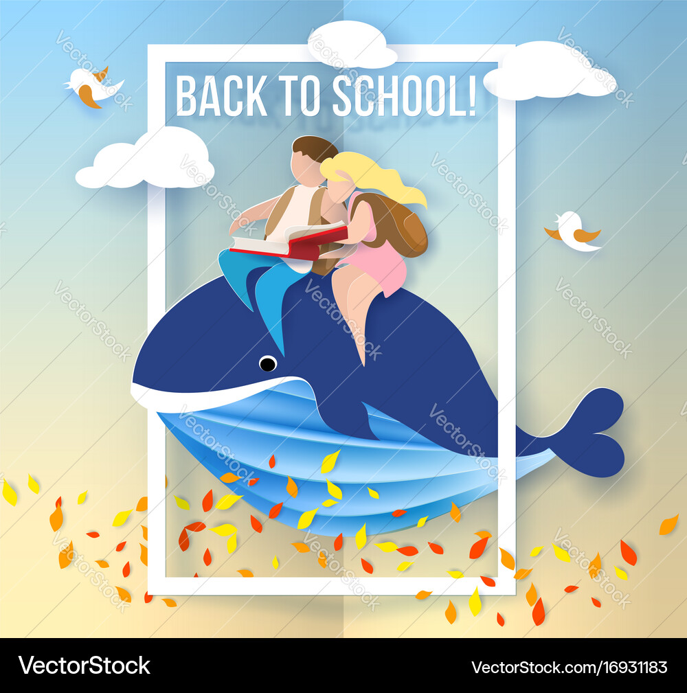 Card with kids sitting on whale flying blue sky Vector Image