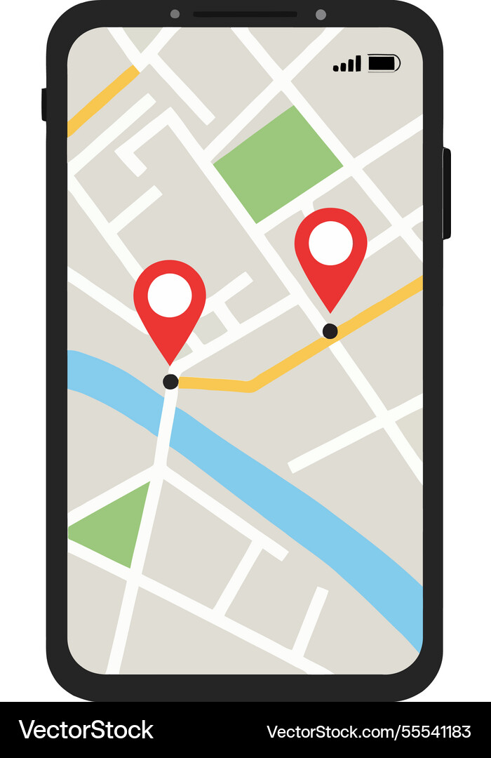 Mobile phone displaying map with location markers Mobile phone displaying map with location markers vector image