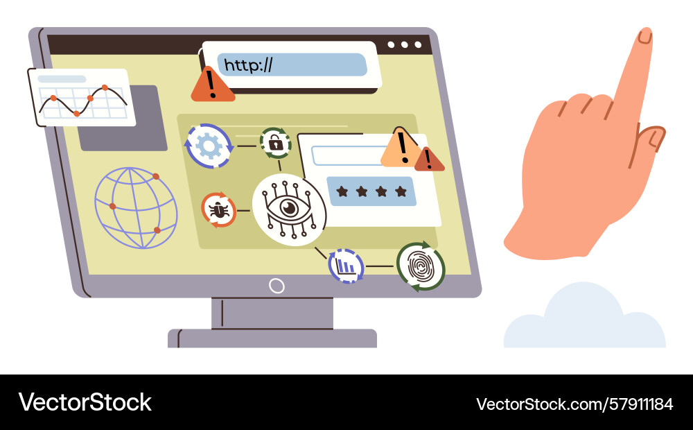 Cybersecurity alerts on a desktop screen Cybersecurity alerts on a desktop screen Vector Image