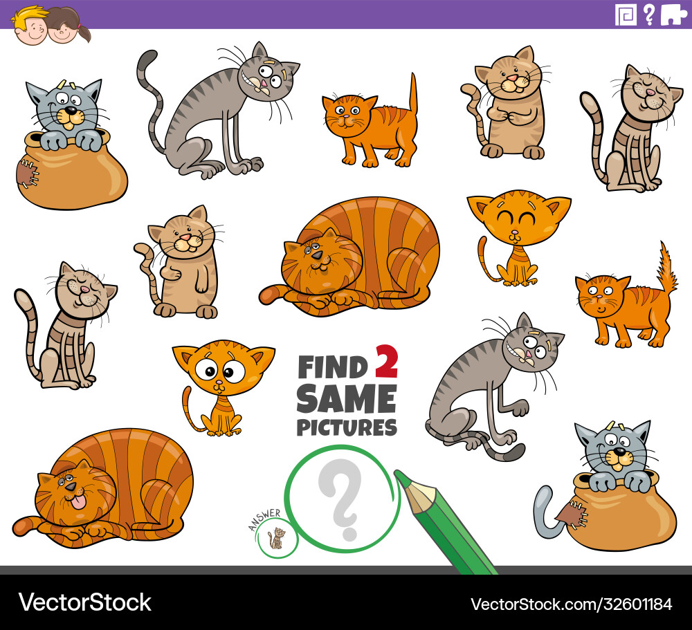 Find two same cat or kitten characters game Find two same cat or kitten characters game vector image