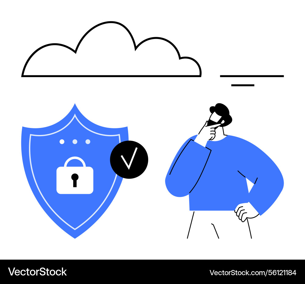 Person contemplating data security with shield Person contemplating data security with shield vector image