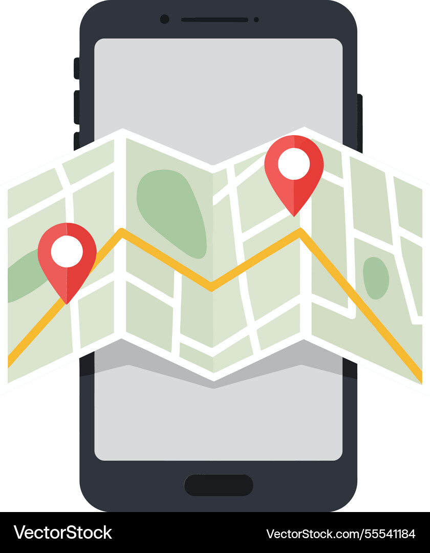 Smartphone displaying a detailed map with markers Vector Image