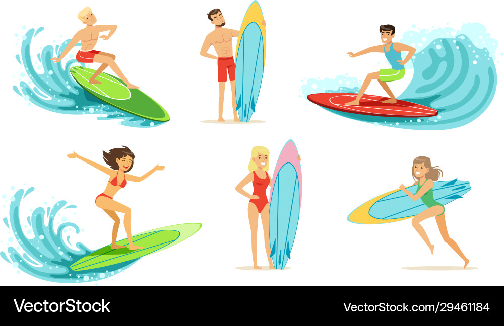 Surfen Menschen Sammlung männliche und weibliche Surfer Surfen Menschen Sammlung männliche und weibliche Surfer vektorbild