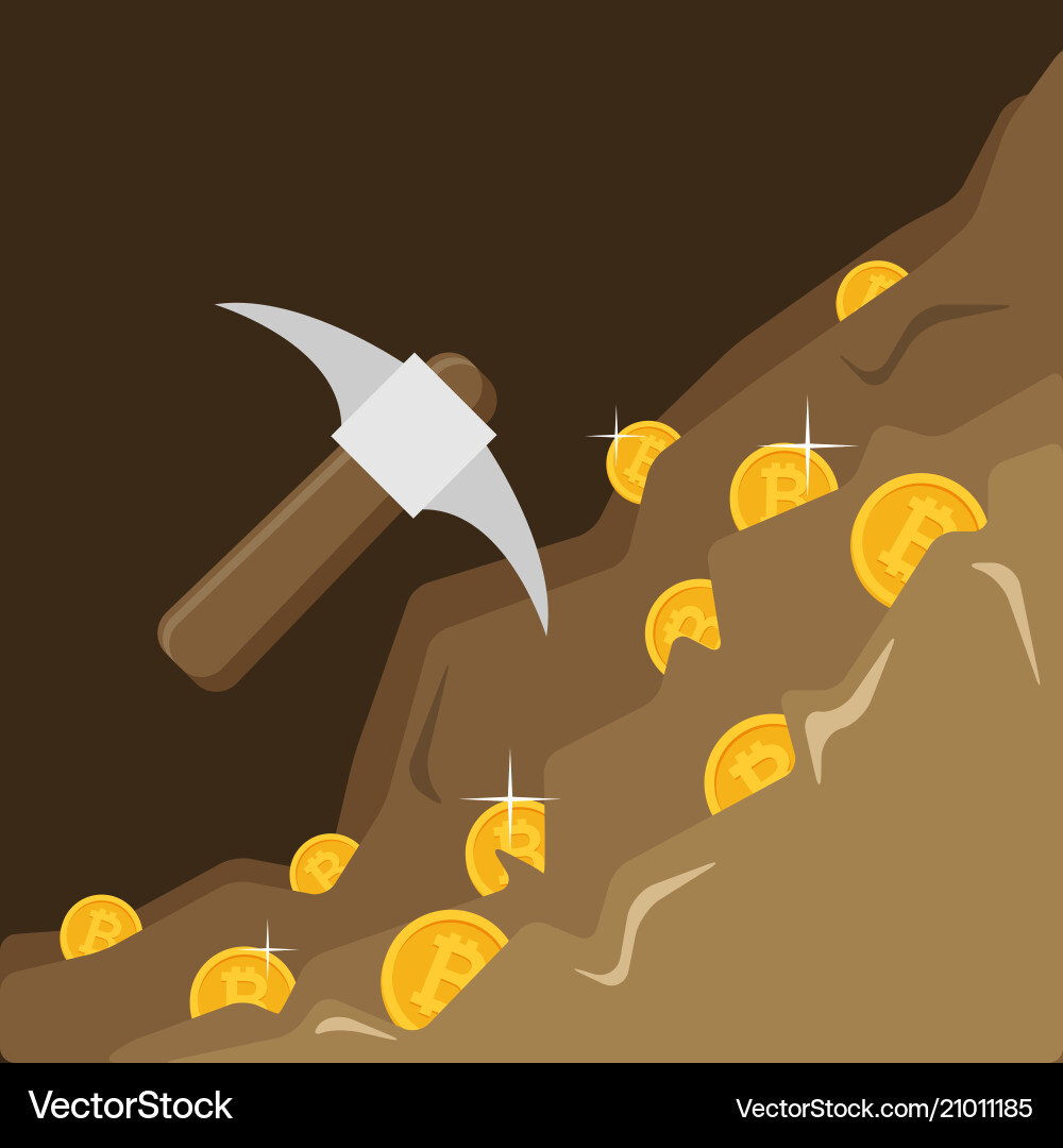 Bitcoin mining concept with pickaxe and coin flat vector image