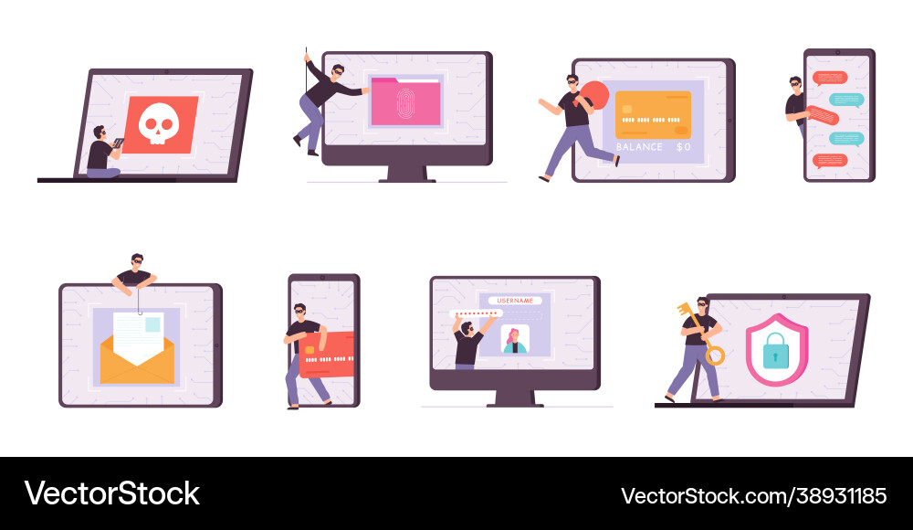 Flat cyber thief and hacker characters stealing Flat cyber thief and hacker characters stealing vector image