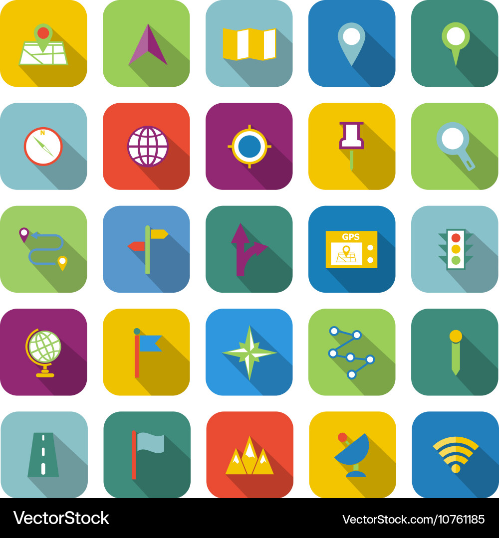 Navigation color icons with long shadow vector image