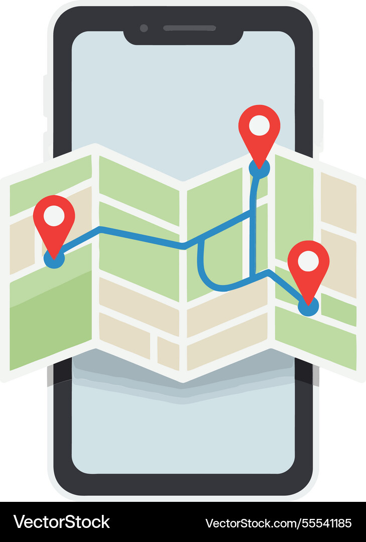 Smartphone displaying map with location markers Smartphone displaying map with location markers Vector Image