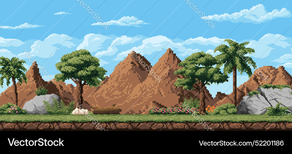 8 bit prehistoric game landscape dinosaur eggs 8 bit prehistoric game landscape dinosaur eggs vector image