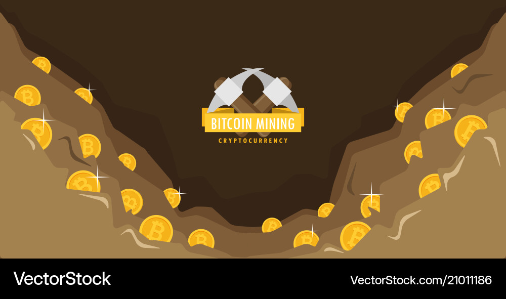 Bitcoin mining concept with pickaxe and coin flat vector image