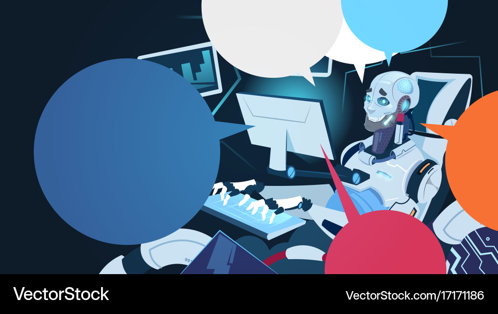 Modern robot working on computer futuristic vector image