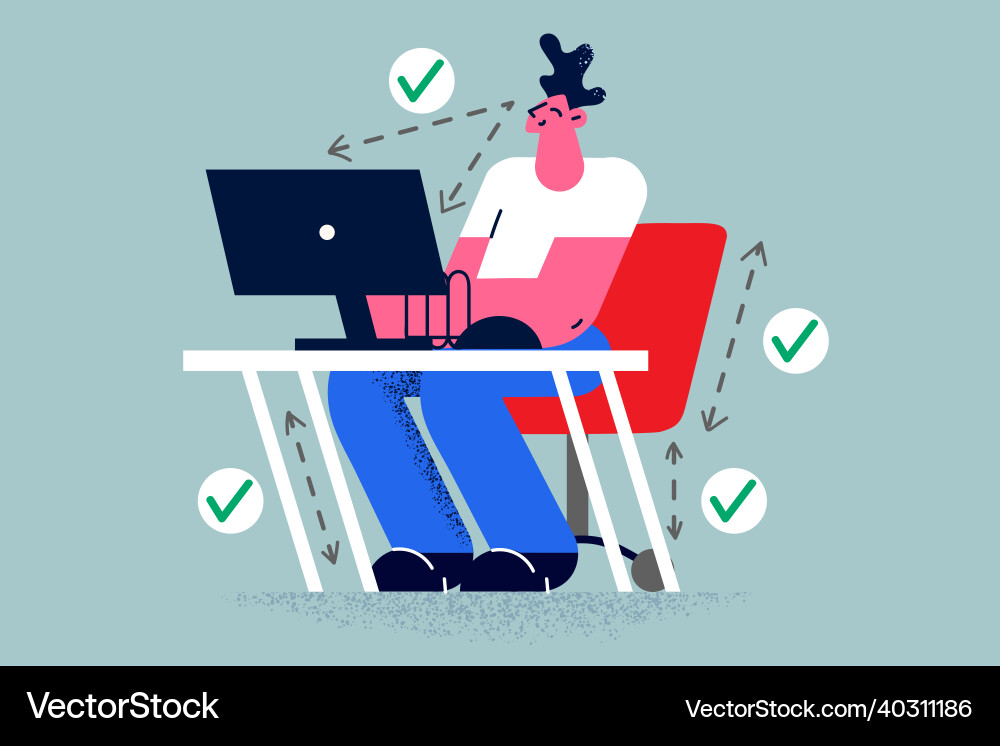 Smiling man work on computer in correct position Smiling man work on computer in correct position vector image